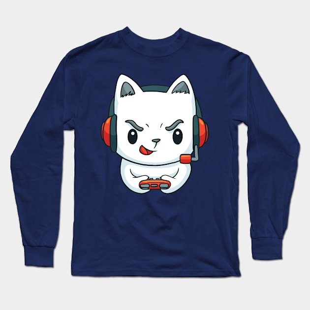 Cute Kitten Gaming Cat Gift For Gamers Long Sleeve T-Shirt by illustramart Gifts & Apparel